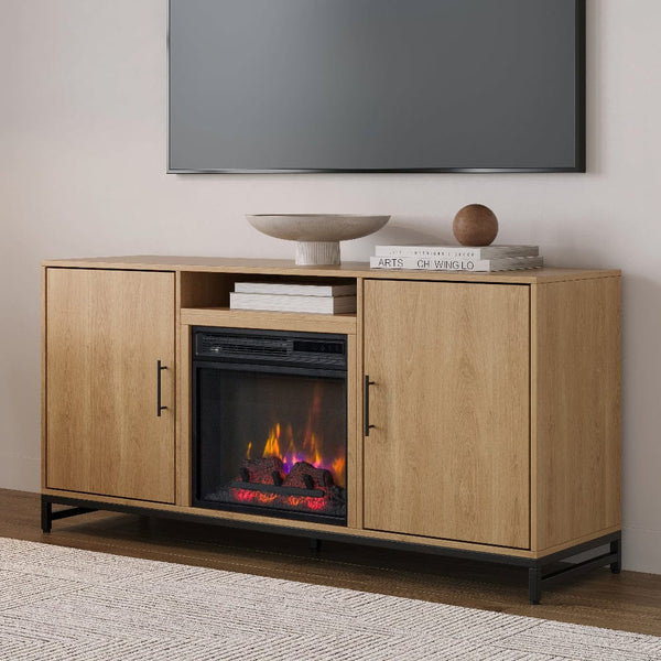 Modern Ember Rochester 56in White Oak Fireplace Media Console