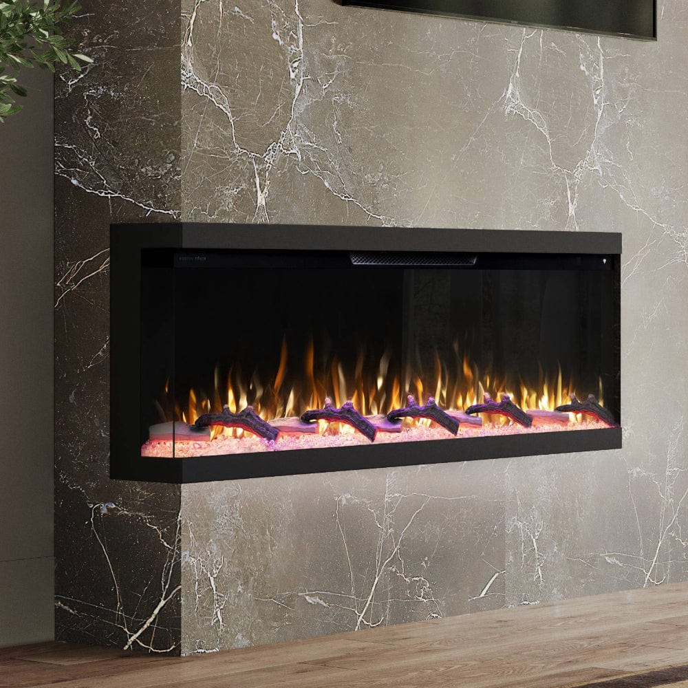 60-inch multi-sided electric fireplace with black frame and realistic flame bed