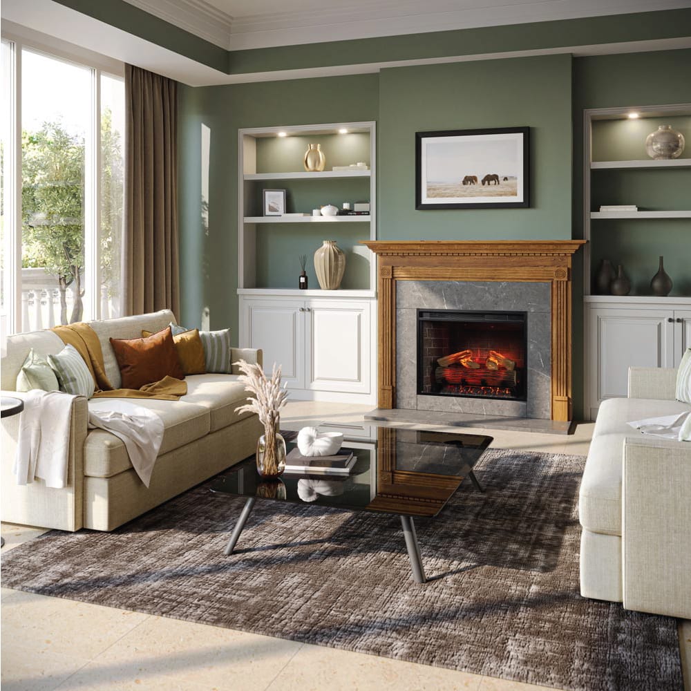 A living room with an electric fireplace, a wood mantel, and green walls.
